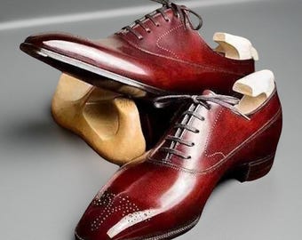 Handmade Burgundy Leather Oxford Brogue Shoes