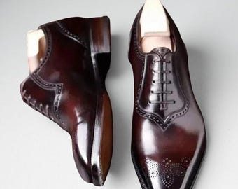 Handmade Burgundy Leather Oxfords, Men's Formal Dress Shoes