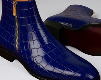 Handmade Chelsea Blue Two-Tone Leather Boots for Men – Ankle High