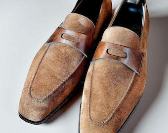 Handmade men beige suede dress shoes, slip on casual shoes for mens office