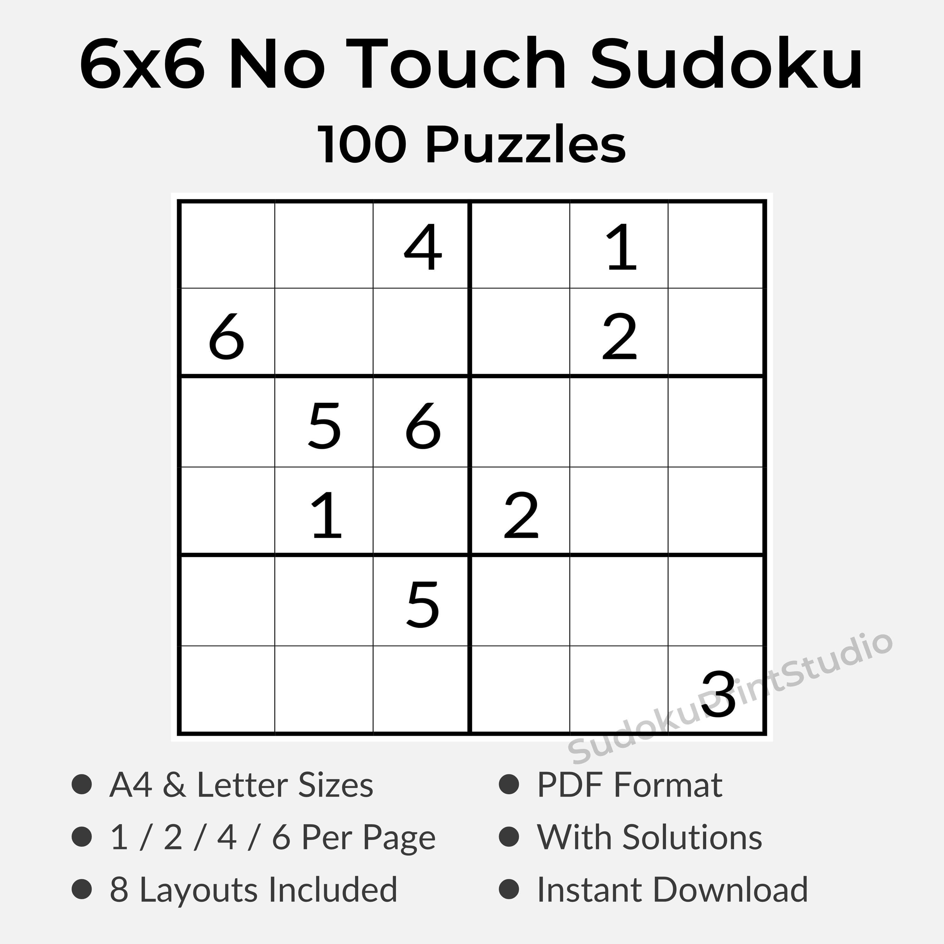 100 Printable 6x6 No Touch Sudoku Puzzles With Solutions (A4 & Letter