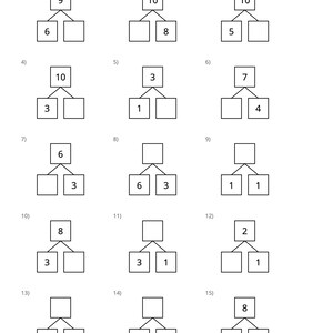May include: A black and white educational worksheet titled Number Bonds within 10, featuring fifteen math problems. Each problem consists of a top box connected to two bottom boxes by lines, with some boxes containing numbers and others left blank.