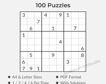 May include: A digital Sudoku puzzle with the text "9x9 No Touch Sudoku" and "100 Puzzles" at the top. The puzzle grid is filled with numbers. Additional text includes "A4 & Letter Sizes", "PDF Format", and "Instant Download".