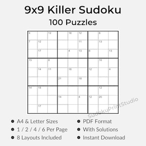 Op de afbeelding: Een digitale download van een 9x9 Killer Sudoku puzzelboek met 100 puzzels. De afbeelding toont een raster met getallen en de tekst "9x9 Killer Sudoku 100 Puzzles". Inclusief A4 & Letter formaten, PDF, oplossingen en direct downloaden.