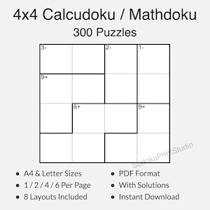 Peut inclure: Une grille de puzzle 4x4 Calcudoku / Mathdoku avec 300 puzzles. L'image montre une grille carrée avec des indices mathématiques, le texte 4x4 Calcudoku / Mathdoku 300 Puzzles, et des points énumérant A4 & Letter Sizes, PDF Format, 1/2/4/6 Per Page, With Solutions, 8 Layouts Included, et Instant Download.