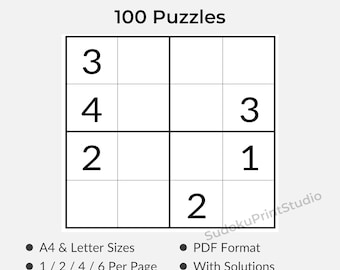 100 afdrukbare 4 x 4 eenvoudige sudoku-puzzels voor kinderen met oplossingen (A4- en Letter-pdf)