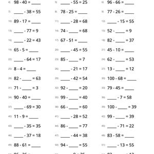 May include: A white educational worksheet titled 1 to 100 Missing Number, featuring fifty-seven black printed subtraction problems arranged in three columns. Each line includes a number, a minus sign, another number, and a blank line for the answer.
