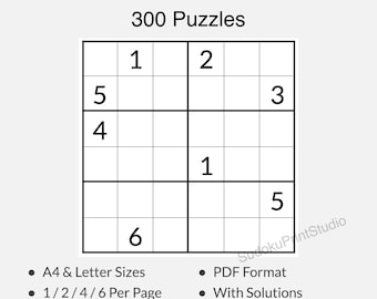 Pacchetto Sudoku Classico 6x6 – 300 puzzle stampabili + soluzioni (PDF in formato A4 e Letter) – 100 facili, 100 medi, 100 difficili
