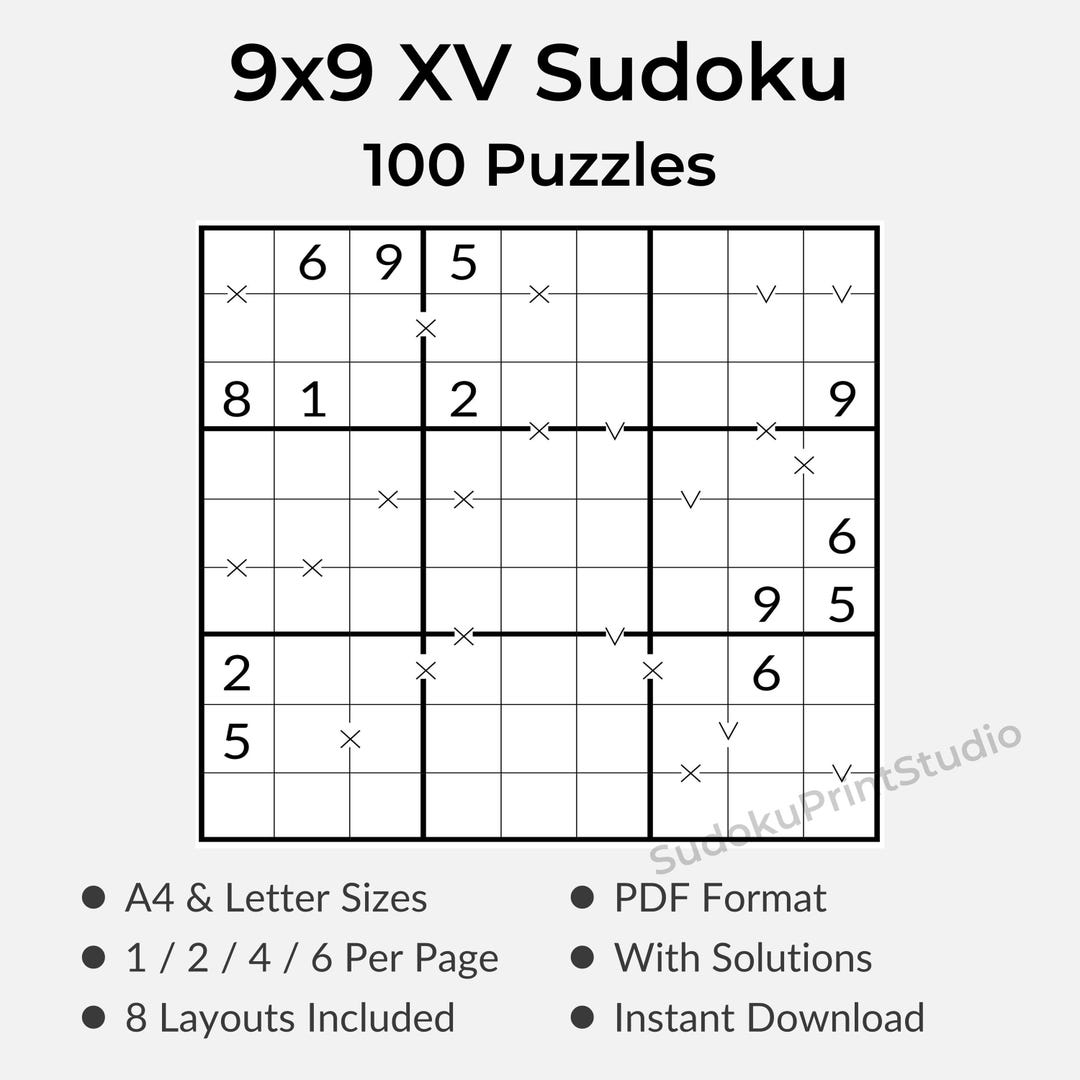 9x9 XV 数独（VX 数独）パズル - 解答付き100問印刷可能 | 簡単なものから難しいものまで | A4サイズとレターサイズのPDF ...