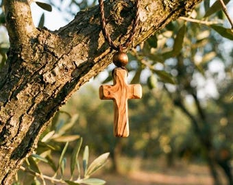 Olive Wood Cross Necklace | Adjustable Christian Pendant