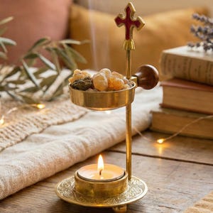 Christian Adjustable Brass Incense Burner with Red Cross  Tea Light Resin Heater A Spiritual Gift