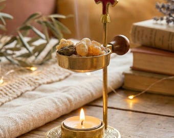 Christian Adjustable Brass Incense Burner with Red Cross  Tea Light Resin Heater A Spiritual Gift