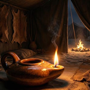 May include: A glowing, brown ceramic oil lamp with a handle, lit with a flame, sits inside a tent. The scene includes a campfire in the background, creating a warm, inviting atmosphere. The lamp is the focal point, suggesting a historical or rustic theme.