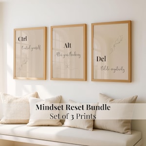 Könnte beinhalten: Ein Set aus drei gerahmten Drucken mit inspirierenden Texten. Jeder Druck hat einen beigen Hintergrund mit einer Schmetterlingsillustration und den Worten "Ctrl Control yourself", "Alt Alter your thinking" und "Del Delete negativity". Der Text "Mindset Reset Bundle Set of 3 Prints" steht darunter.