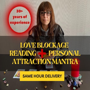 May include: Image shows a woman wearing glasses, with text overlay: "30+ years of experience." Additional text reads "Love Blockage Reading + Personal Attraction Mantra" and "Same Hour Delivery."
