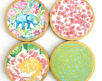 Handmade Decoupage Vibrant Elephant Floral Set of Four Coasters