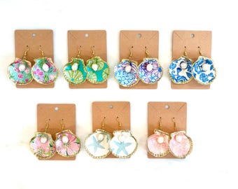 Handmade Decoupaged Shell Scallop Earrings With Freshwater Pearl and 18k Gold - A