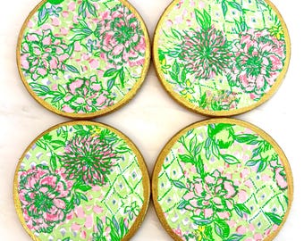 Handmade Decoupage Bright Pink & Green Floral Cork Coasters Set of Four
