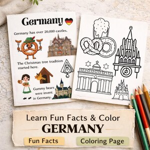 May include: Two white activity books with the word "Germany" and illustrations of German culture. One book features fun facts, the other a coloring page. Colored pencils are in the bottom right corner.