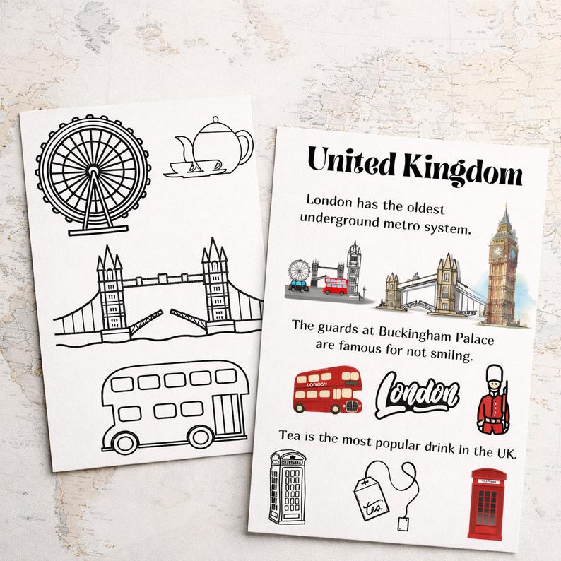 May include: Two white cards with illustrations of London landmarks and the text "United Kingdom." One card features line drawings of the London Eye, Tower Bridge, and a double-decker bus. The other card has color illustrations and facts.