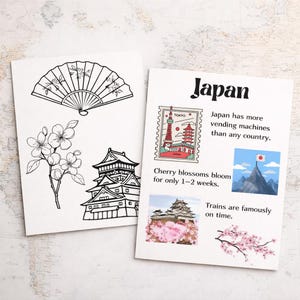 May include: Two white cards with Japanese-themed illustrations. One card features a fan, cherry blossoms, and a castle. The other card says "Japan" and includes facts about Japan, a stamp with the Tokyo Tower, and a mountain with a flag.