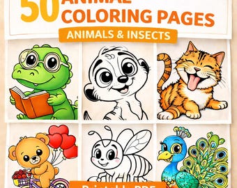 Animal & Insect Coloring Pages | 50 Printable Coloring Book for Kids | Cute Animals Coloring Pages | Digital Download PDF