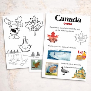 May include: Two illustrated pages with Canadian themes. One page features a moose, maple leaf designs, and a waterfall sketch. The other page has the word "Canada" and facts about Canada, including maple syrup and the North Pole.