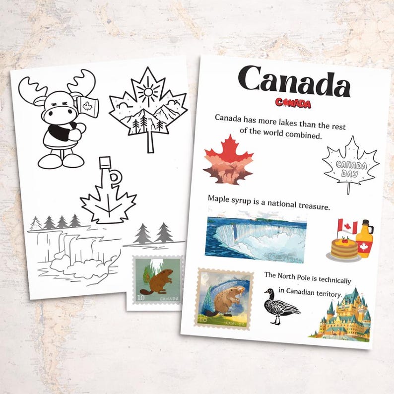 May include: Two illustrated pages with Canadian themes. One page features a moose, maple leaf designs, and a waterfall sketch. The other page has the word "Canada" and facts about Canada, including maple syrup and the North Pole.