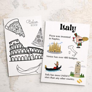 May include: Two white cards with illustrations and text about Italy. One card features line drawings of pizza slices, the Colosseum, and a gondola. The other card has illustrations of Italian landmarks and facts, including the Leaning Tower of Pisa.