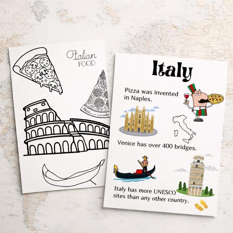 May include: Two white cards with illustrations and text about Italy. One card features line drawings of pizza slices, the Colosseum, and a gondola. The other card has illustrations of Italian landmarks and facts, including the Leaning Tower of Pisa.