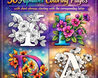 30 Alphabet Coloring Pages for Kids | A–Z Letter Coloring Book | Learn Vocabulary with Simple Phrases | Floral Alphabet Printable