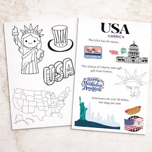 May include: Two white pages with black and blue illustrations and text about the USA. One page features a map, Statue of Liberty, and a top hat. The other page has facts about the USA, including the Statue of Liberty and hot dogs.