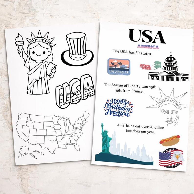 May include: Two white pages with black and blue illustrations and text about the USA. One page features a map, Statue of Liberty, and a top hat. The other page has facts about the USA, including the Statue of Liberty and hot dogs.