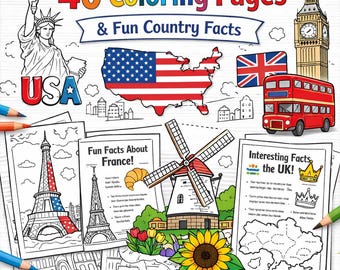 Páginas para colorear de países del mundo con datos curiosos / 40 páginas imprimibles para niños / Libro educativo para colorear de geografía / Aprende sobre 20 países