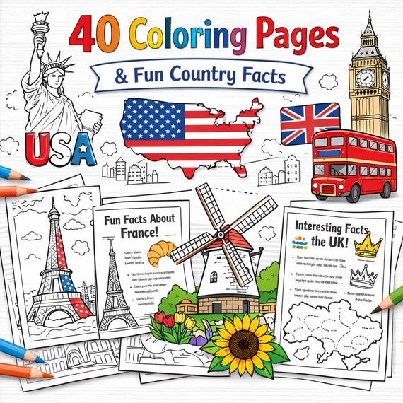 World Countries Coloring Pages with Fun Facts | 40 Printable Pages for Kids | Educational Geography Coloring Book | Learn About 20 Countries