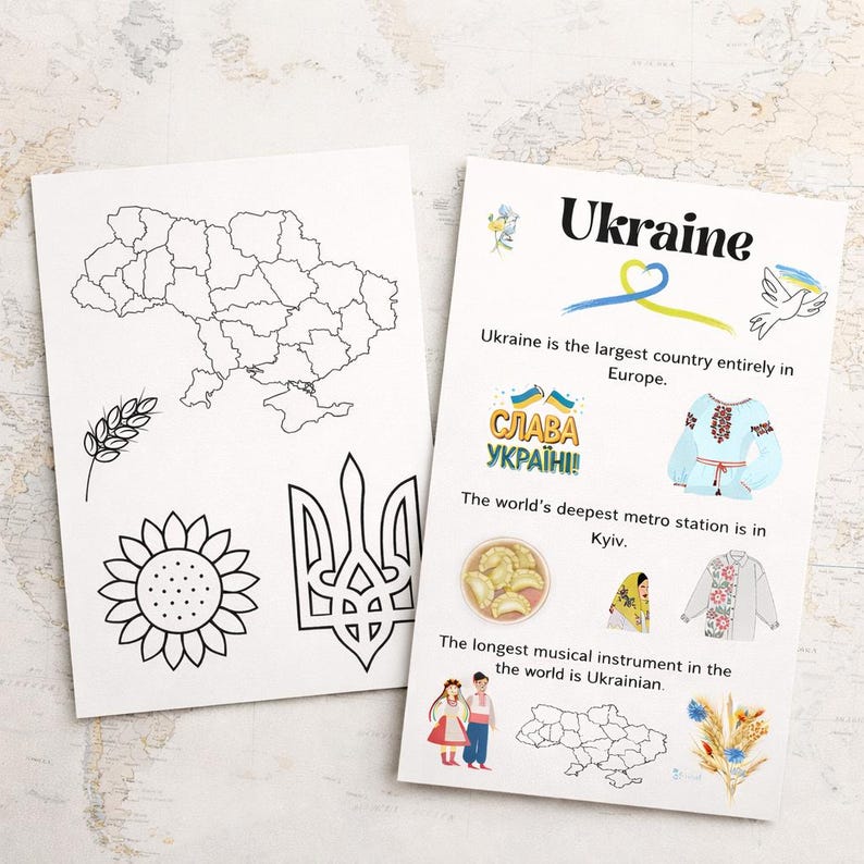May include: Two white cards with illustrations and text about Ukraine. One card features a map outline, wheat, a sunflower, and a trident. The other card has the word "Ukraine", facts, and illustrations of traditional clothing.