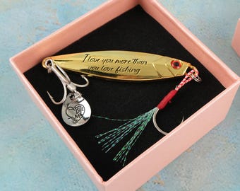 Gepersonaliseerd kunstaas, aangepast vissercadeau, viscadeau voor vader, huwelijkscadeau, goud of zilver kunstaas met bericht, doos inbegrepen