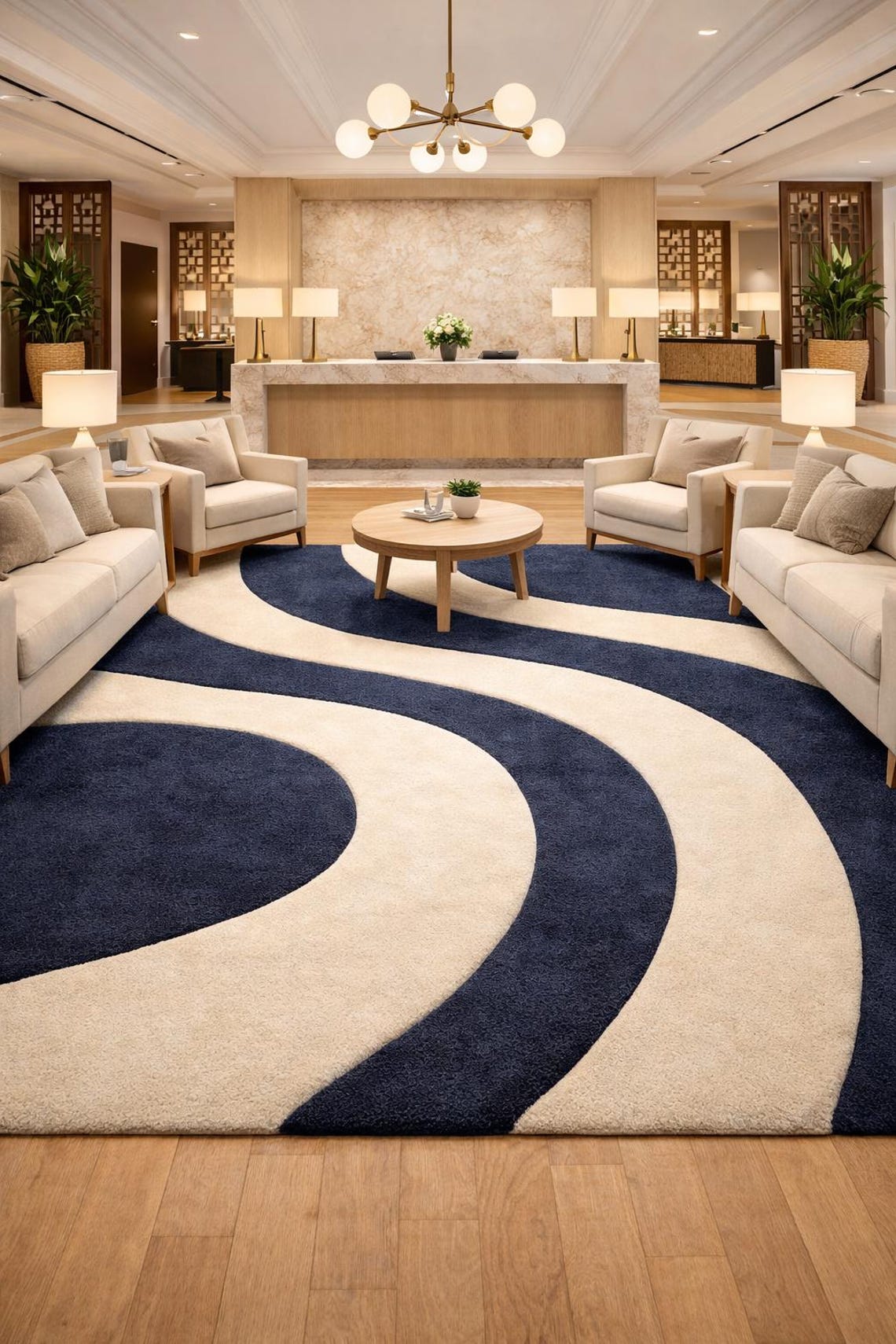 Luxury Blue & Ivory Curved Pattern Area Rug | Modern Wedding Hall ...