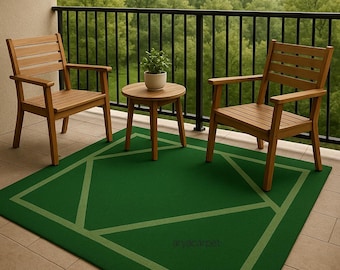Alfombra geométrica de exterior para balcón y patio. Moderna alfombra verde impermeable para porche, jardín, terraza o suelo interior.