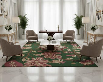 Elegancki dywan z motywem kwiatowym – zielony dywan botaniczny, luksusowy wystrój domu
