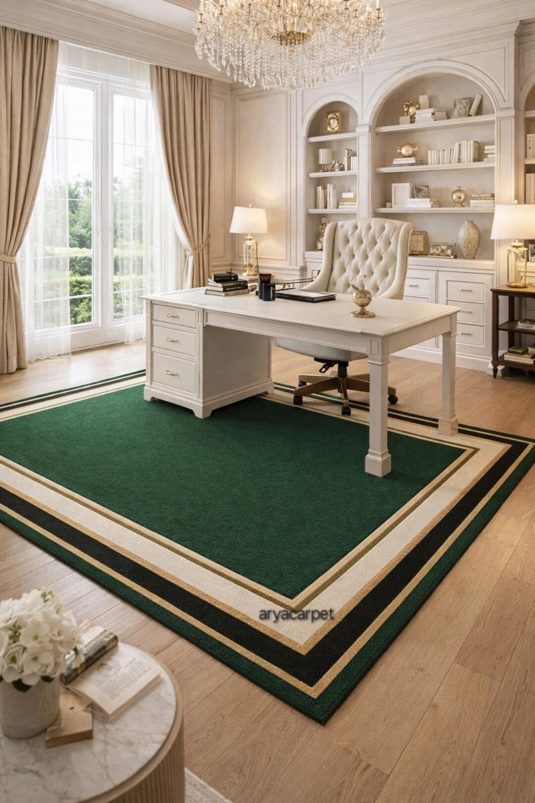 Executive Area Rugs Luxury Green Office Area Rug With Gold Border – Premium Handmade Carpet ...