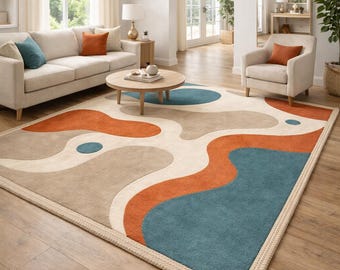 Abstract Area Rug | Modern Beige, Blue & Rust Carpet