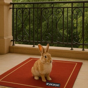 May include: A small, tan rabbit sits on a red rectangular rug with a gold border. The rug is on a tiled surface, with a wrought iron railing and green foliage in the background. The rug has the text "aryacarpet" on it.
