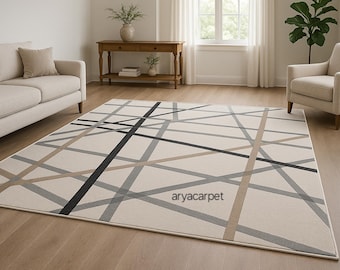 Neutral Geometrischer Outdoor Teppich | Wetterbeständiger Balkon-Terrassenteppich