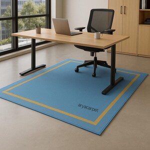 Könnte beinhalten: Ein blauer rechteckiger Teppich mit goldenem Rand liegt unter einem Schreibtisch in einem Büroraum. Der Teppich trägt den Text "aryacarpet" in der unteren rechten Ecke. Ein Laptop, eine Tasse und ein Bürostuhl sind sichtbar.