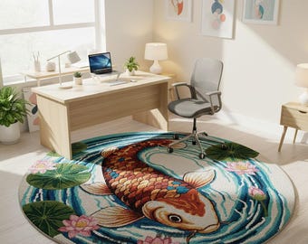 Round Koi Fish Rug – Japanese Zen Lotus Pond Art Carpet