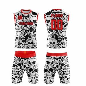 May include: A sleeveless athletic uniform set with a black and white skull design. The set includes a top and shorts, with red trim. The top has the number "00" and the text "TEAM NAME".
