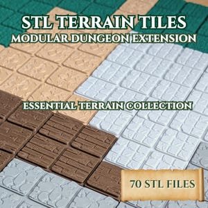 May include: An assortment of modular terrain tiles in various colors, including tan, white, brown, and gray. The tiles are arranged in a grid pattern, with the text "STL TERRAIN TILES" and "MODULAR DUNGEON EXTENSION" at the top. The text "ESSENTIAL TERRAIN COLLECTION" is also visible.
