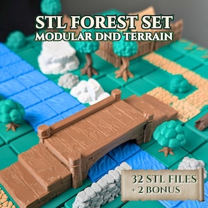 May include: A modular DND terrain set titled STL FOREST SET MODULAR DND TERRAIN, featuring 3D printed components including a brown wooden bridge, green trees, blue water tiles, white rock formations, and tan path tiles, totalling 32 STL files plus 2 bonus.