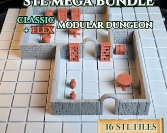 STL MEGA BUNDLE – Dungeon Builder (Classic + Flex Systems) + Tavern Props (16 Files + 3 Bonus) | Modular 3D Terrain for TTRPGs